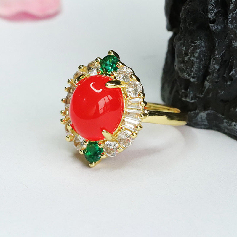 Emperor's Fortune Green Chalcedony Ring with Red Agate and Zircon Slots