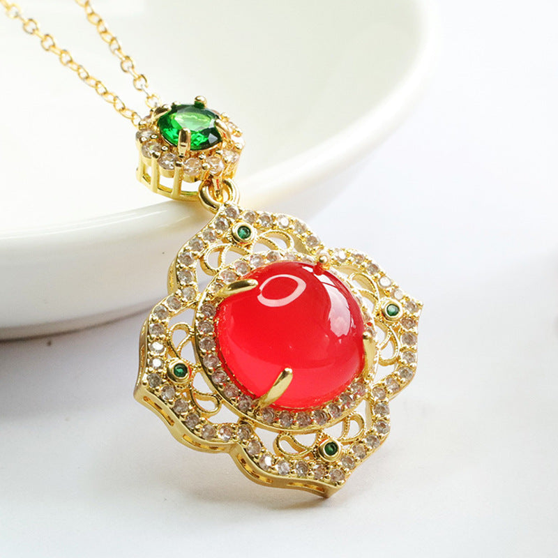 Circular Red Agate Vintage Zircon Petal Necklace