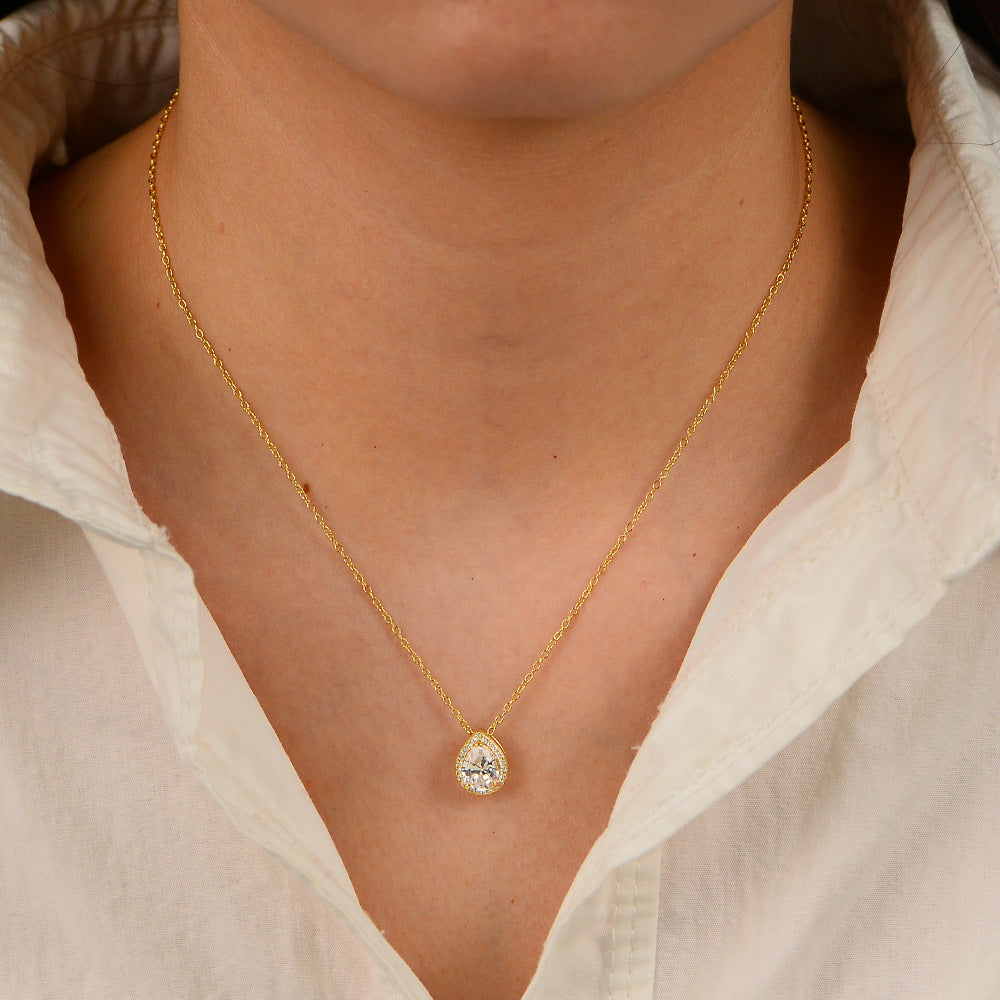 Water Drop-Shaped Zircon Sterling Silver Necklace And Full High-End