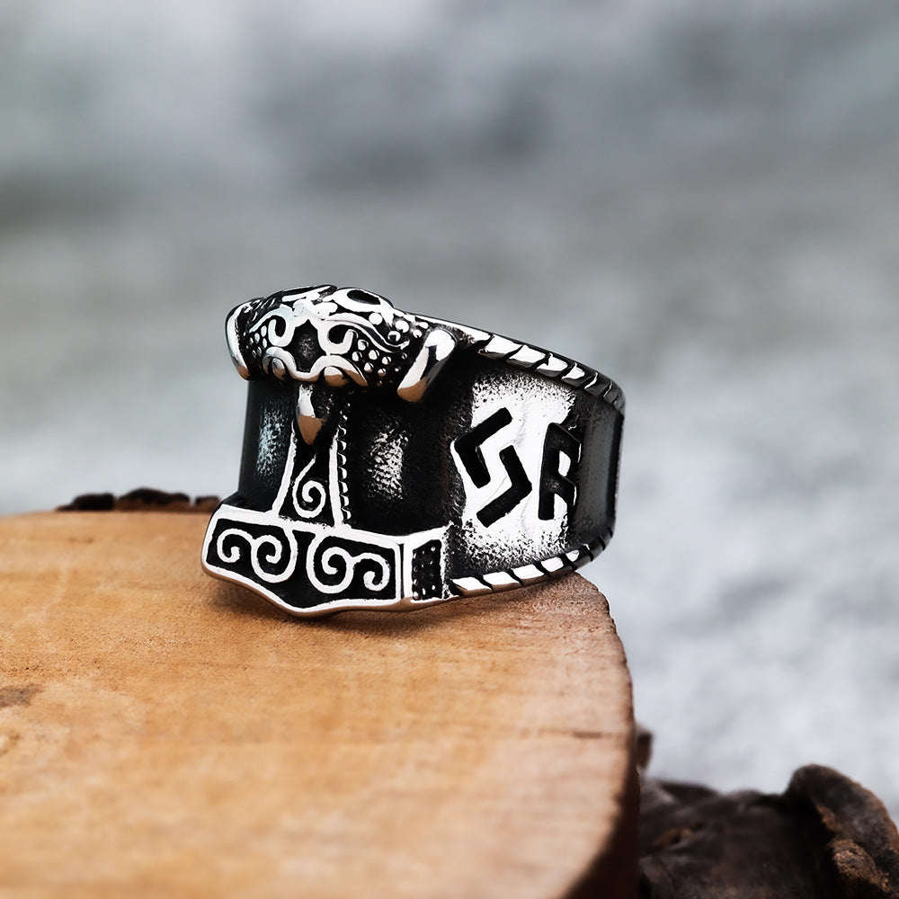 European And American Jewelry Titanium Steel Ring Nordic Viking Thor Hammer For Men