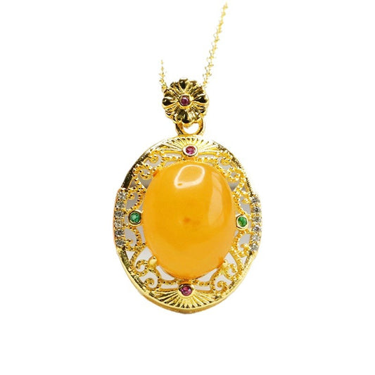 Vintage Zircon Hollow Beeswax Amber Pendant Necklace with Golden Sterling Silver Chain