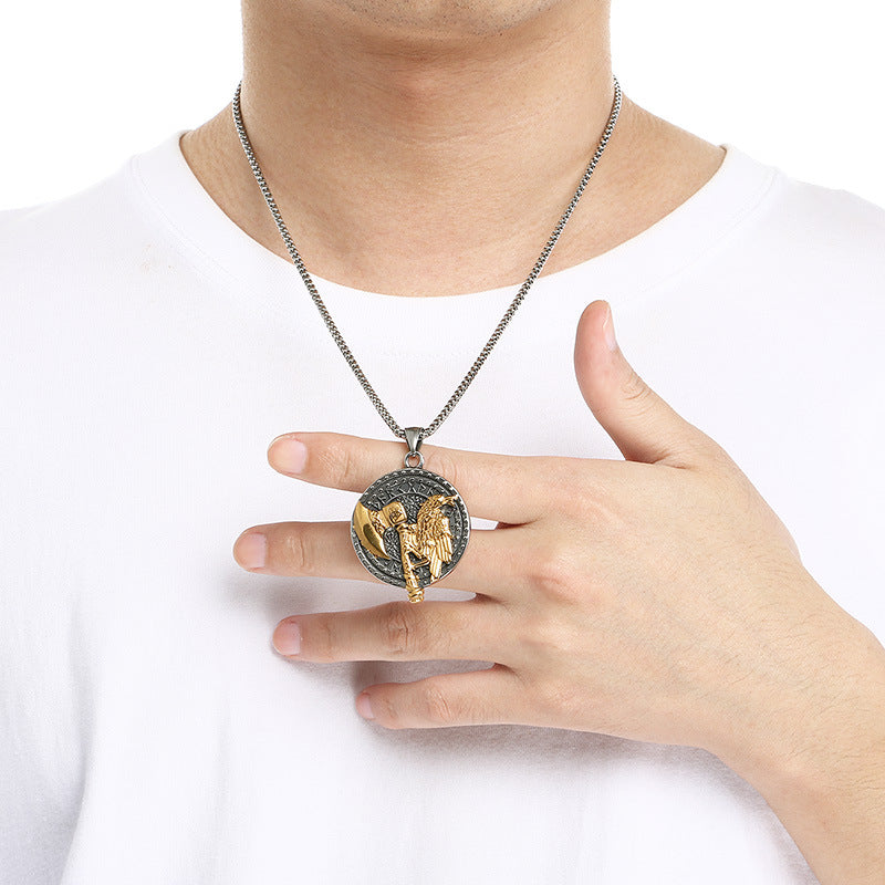 Nordic Viking Mythology Tomahawk Raven Totem, Retro Double Wolf And Crow Titanium Necklace