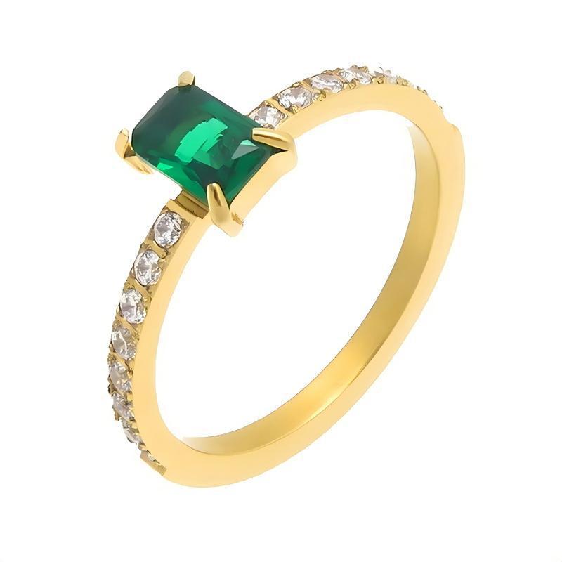 French Four-Claw Rectangle Color Zircon Ring Half Circle Zircon Stainless Steel