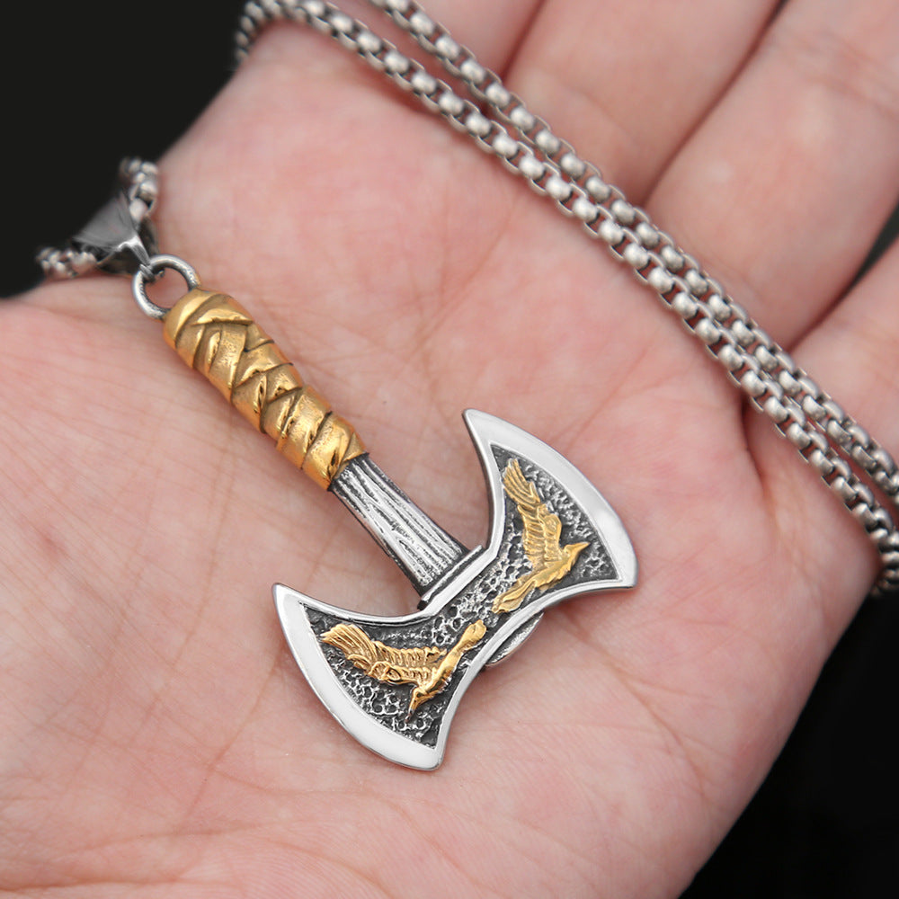 Nordic Viking Raven Axe Titanium Steel Pendant Necklace