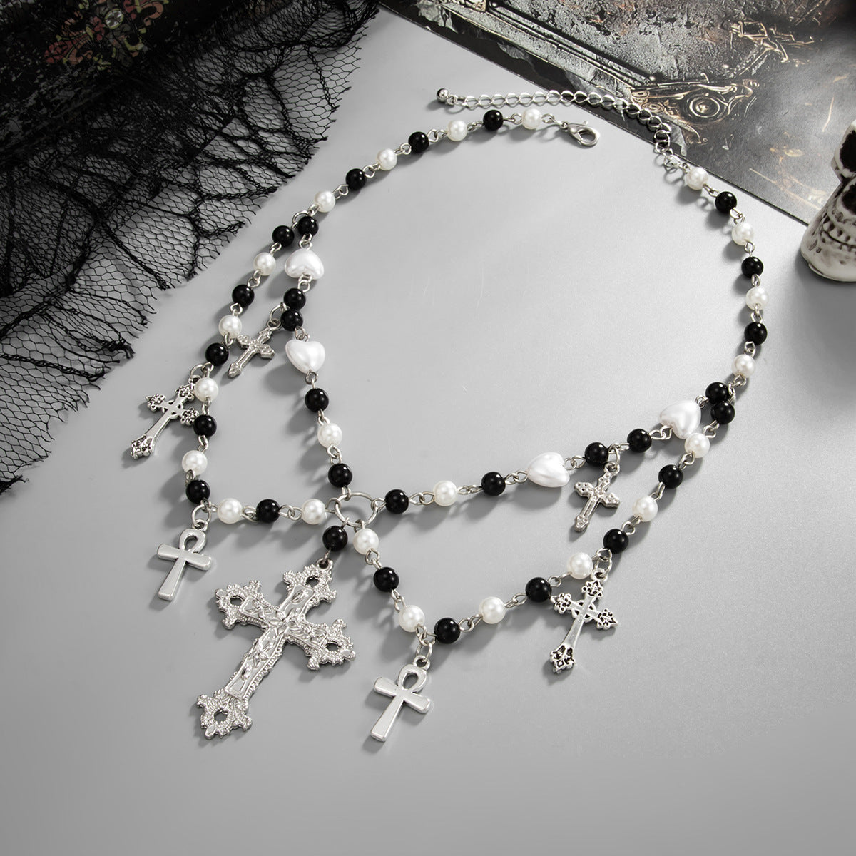 Gothic Cross Pearl-Style Choker