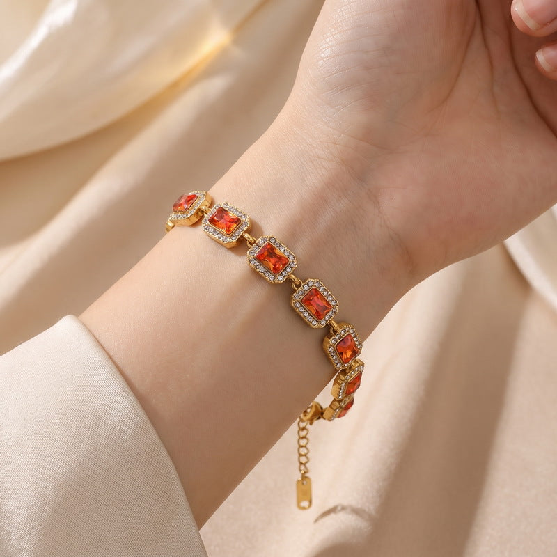 Color Surrounding Square Zircon Stainless Steel Bracelet Palace Style Adjustable