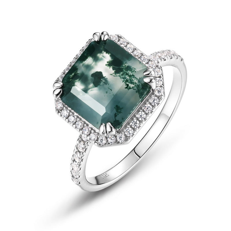 Planderful Jewelry Sterling Silver Ring S925 Green Moss Agate Retro Square Design For Women