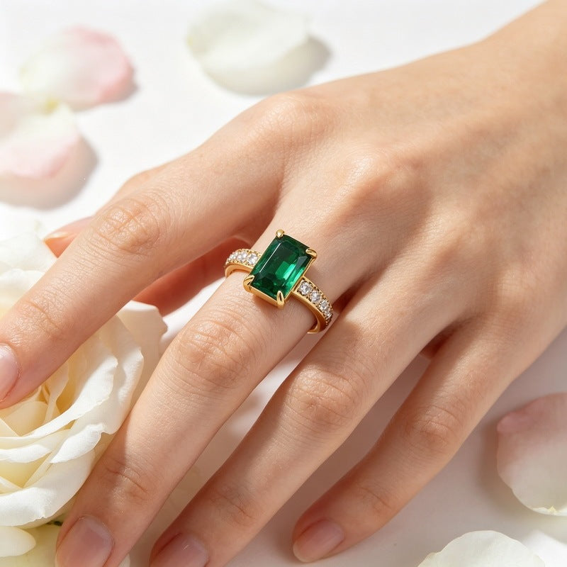 French Four-Claw Rectangle Color Zircon Ring Half Circle Zircon Stainless Steel