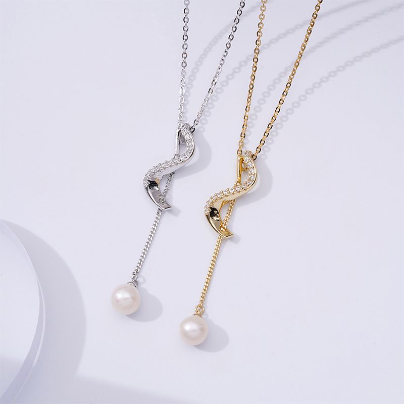 Curved Shape with Pearl Tassel Silver Necklace
