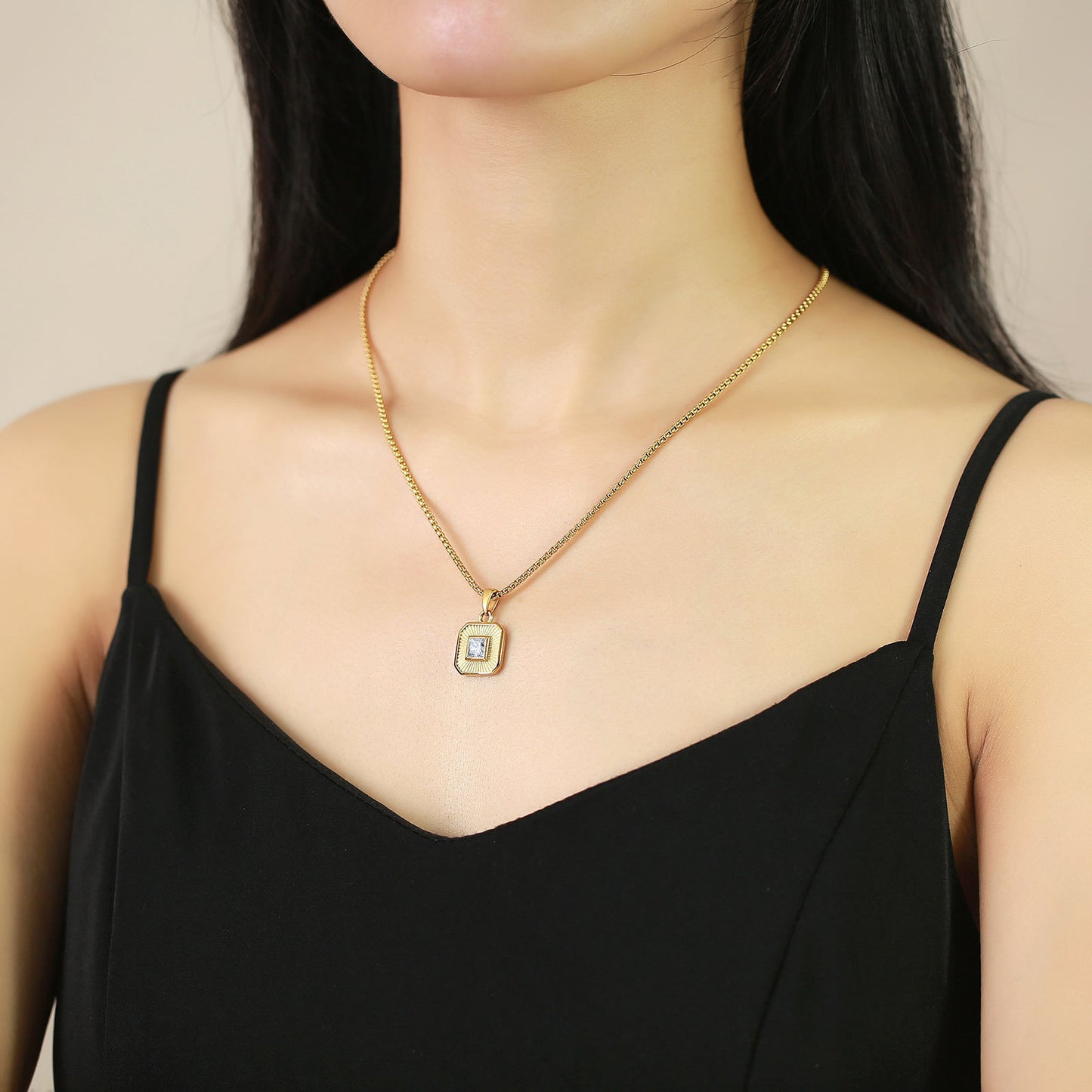 Stainless Steel Zircon Square Pendant Necklace Gold Women