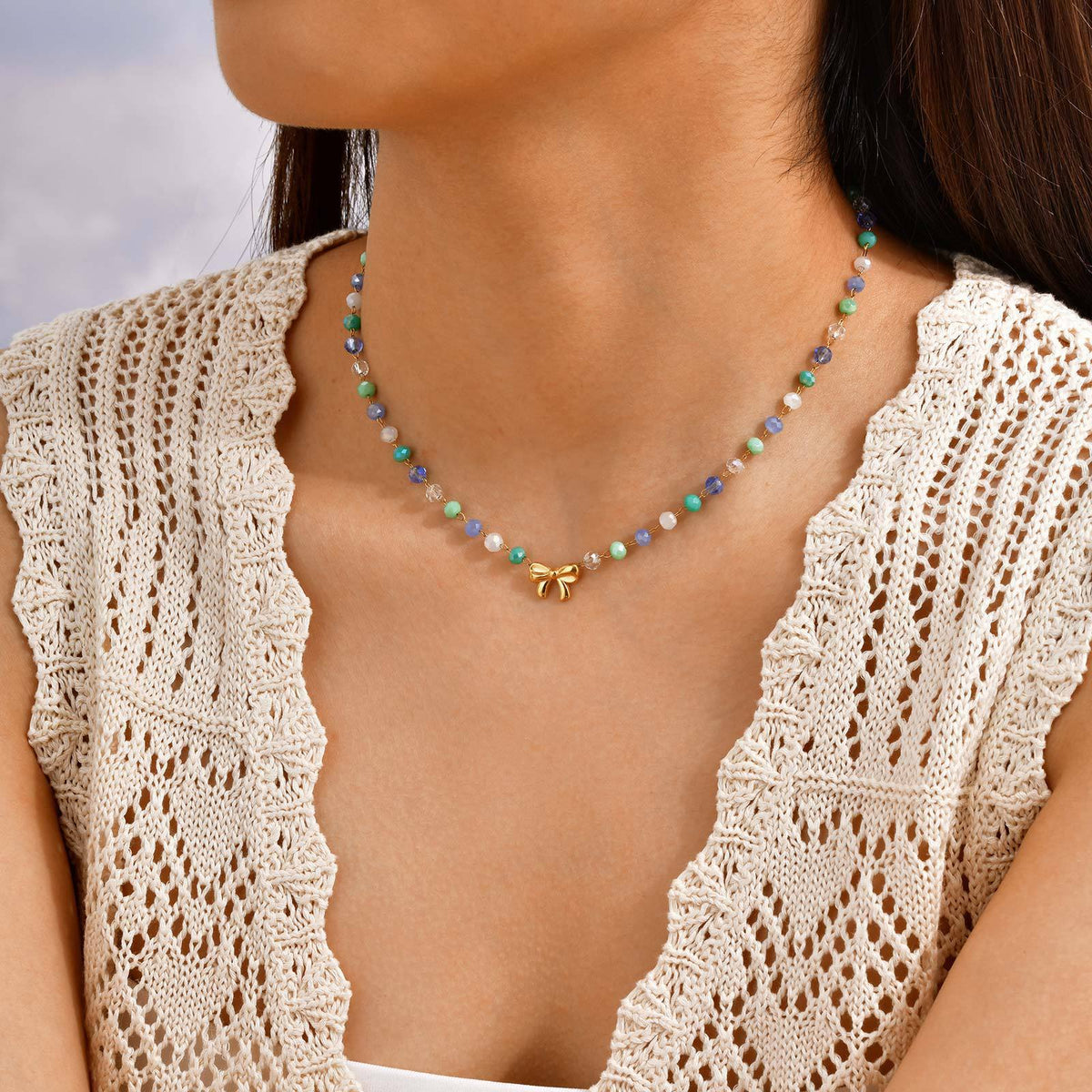 Ladies Sweet Little Fresh Stainless Steel Bow Color Gradual Change Bead Necklace