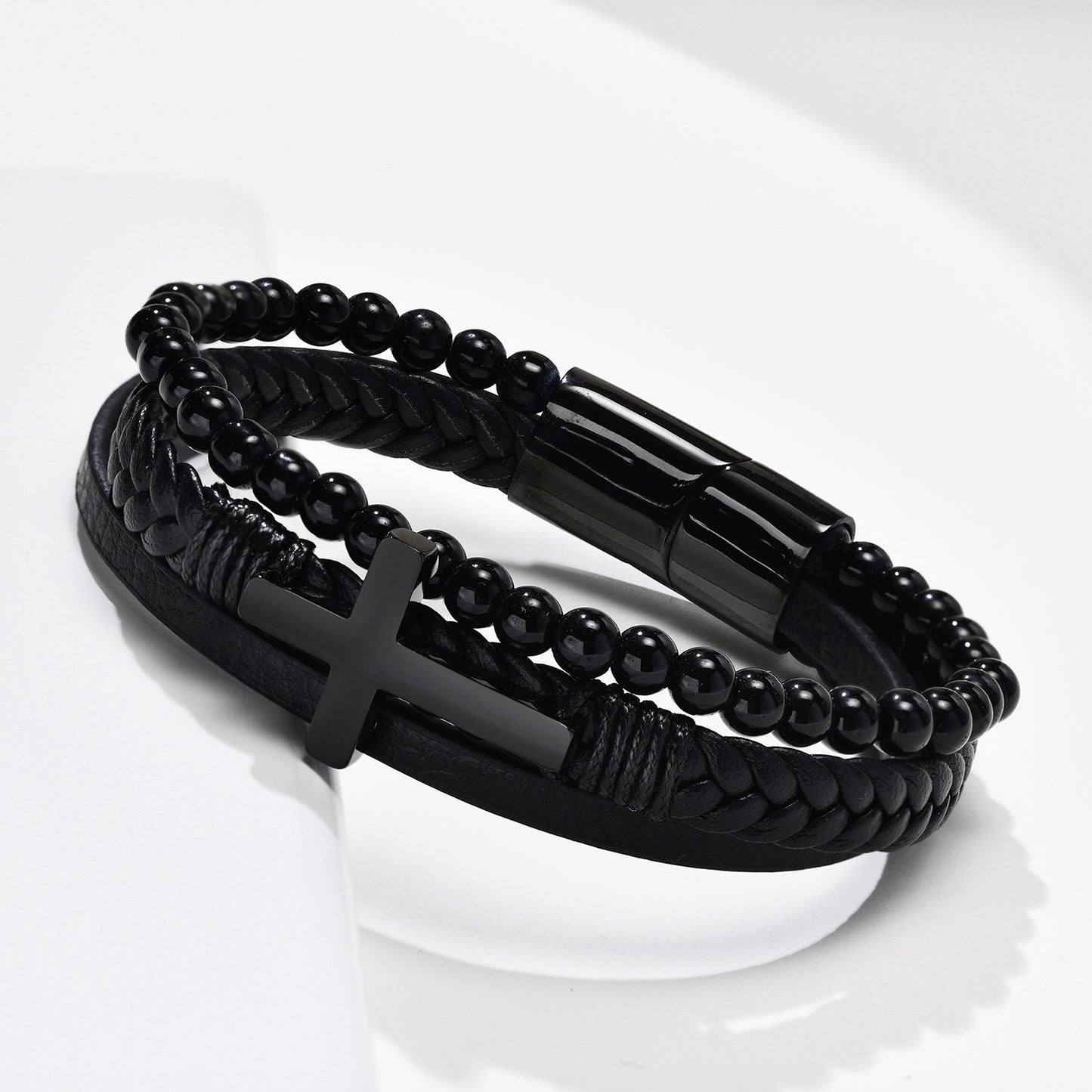 Men's Stainless Steel Cross Black Agate Leather Bracelet