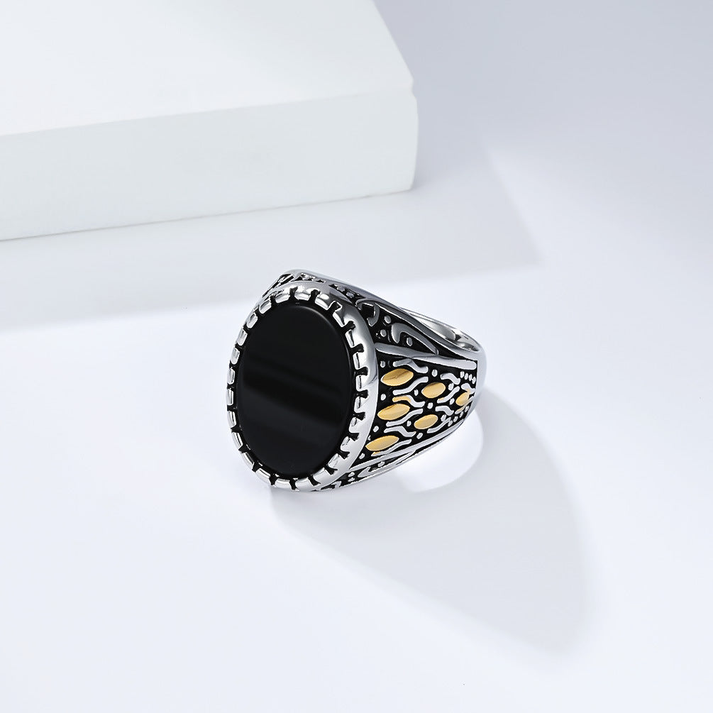 Planderful Mens Titanium Steel Ring With Black Stone Retro Punk Style HighEnd For Men Durable