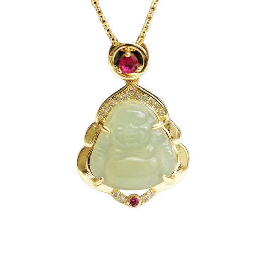 Maitreya Buddha Fortune's Favor Silver Necklace with Jade Gemstone