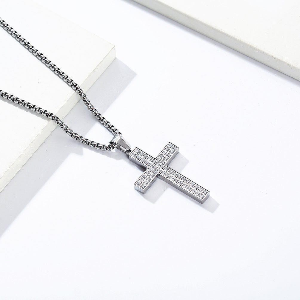 Planderful Cross Necklace Titanium Steel Zircon Inlaid Luxe Pendant For Urban Hip Hop Fans