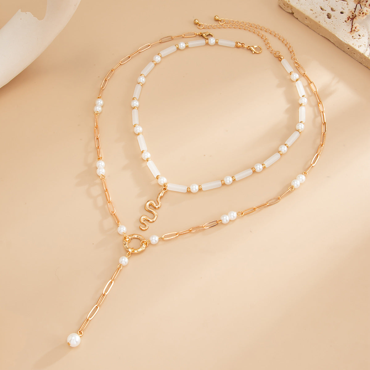 Bamboo Snake & Pearl Cross Y-Necklace