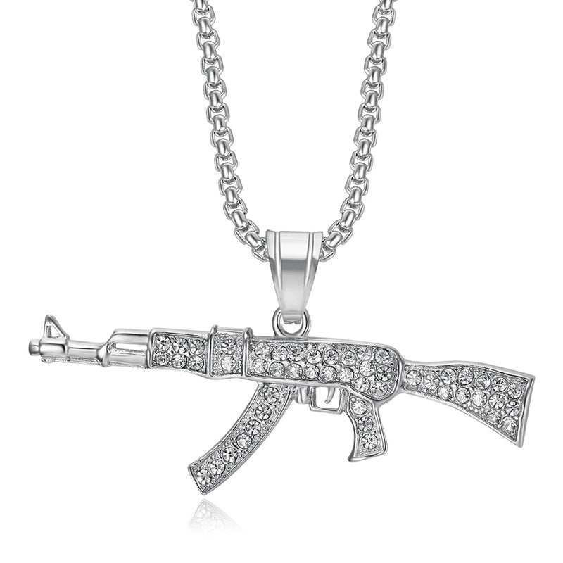 Planderful Hip Hop AK47 Pendant Necklace Stainless Steel Gold Plated Rhinestones For Men And Women