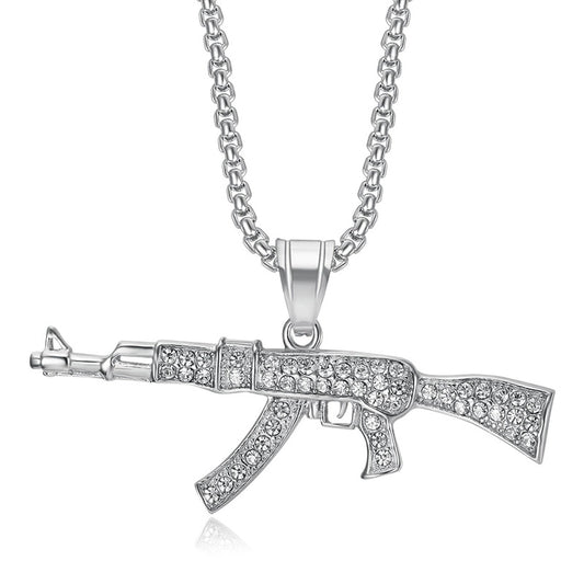 Planderful Hip Hop AK47 Pendant Necklace Stainless Steel Gold Plated Rhinestones For Men And Women
