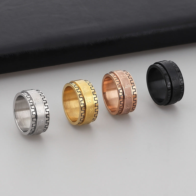 Pressing Lace Ring, Six-Character Mantra Decompression Rotatable Transfer Stainless Steel Ring For Men
