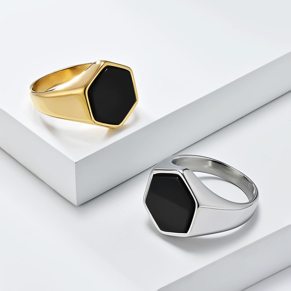 Ins Geometric Hexagonal Black Stone Titanium Steel Ring