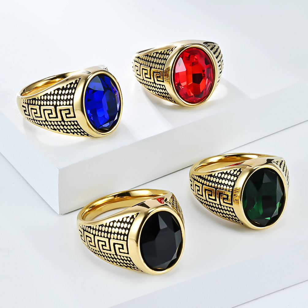 Planderful Titanium Steel Zircon Ring With Great Wall Pattern For Men Fade Resistant Durable Jewelry