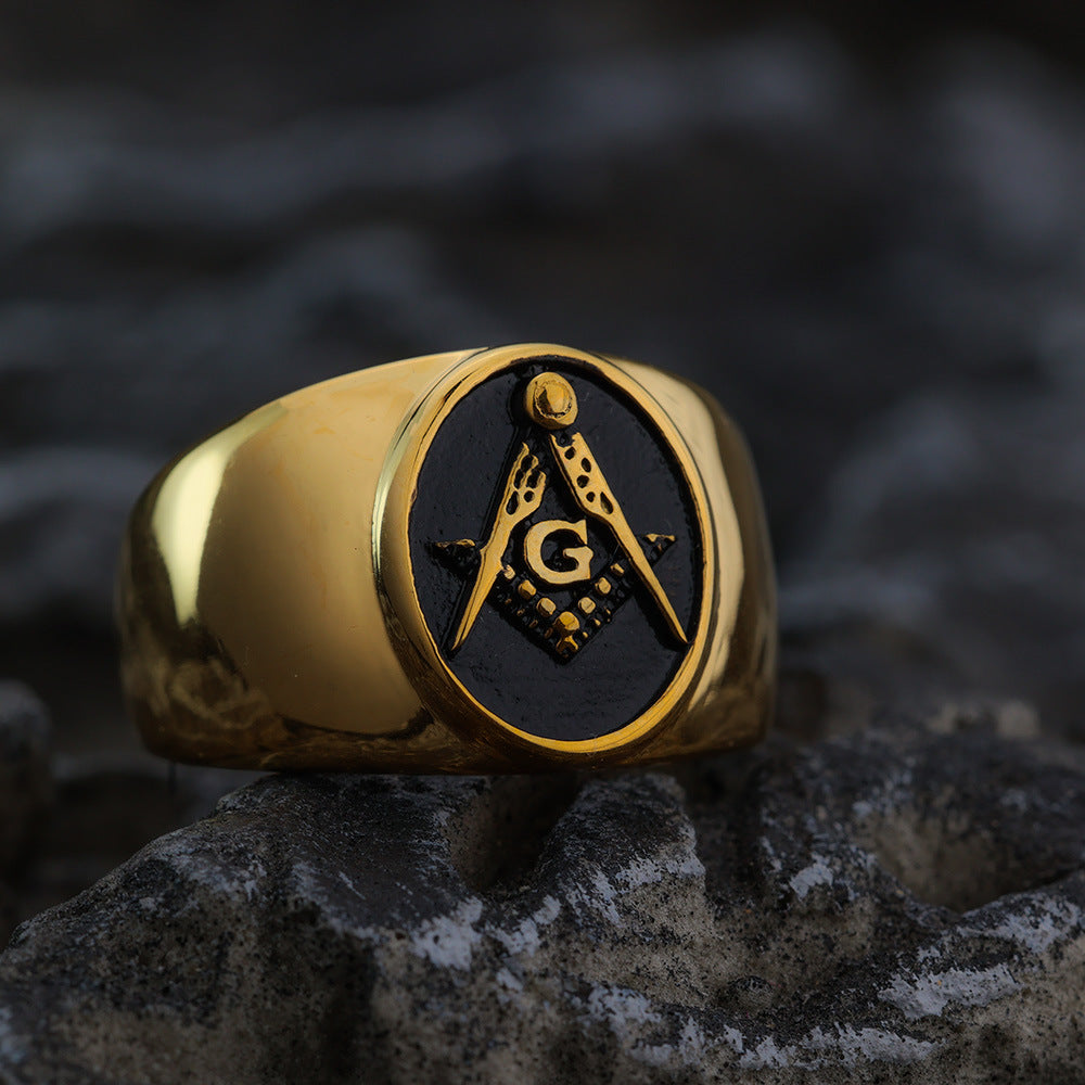 Freemasonry Ring For Men Stainless Steel Gold Tone Retro Style Planderful Collection