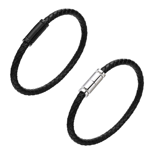 Stainless Steel Magnetic Buckle Leather Black Bracelet Men's