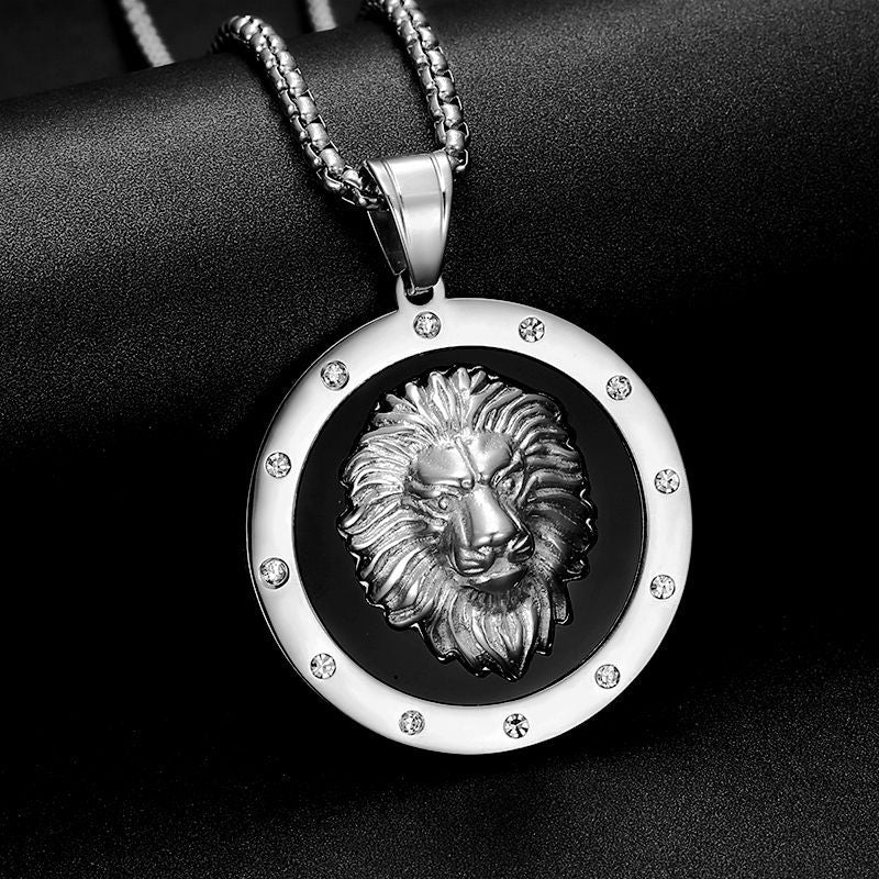 Planderful Lion Head Pendant Necklace Stainless Steel Gold Plated Rhinestone Hip Hop Jewelry For Men And Women