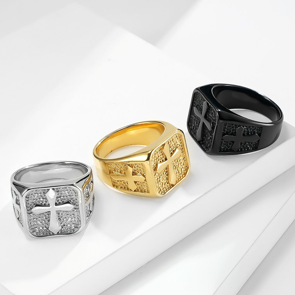 Planderful Stainless Steel Ring For Men Retro Cross Design Square Band Everyday Genie