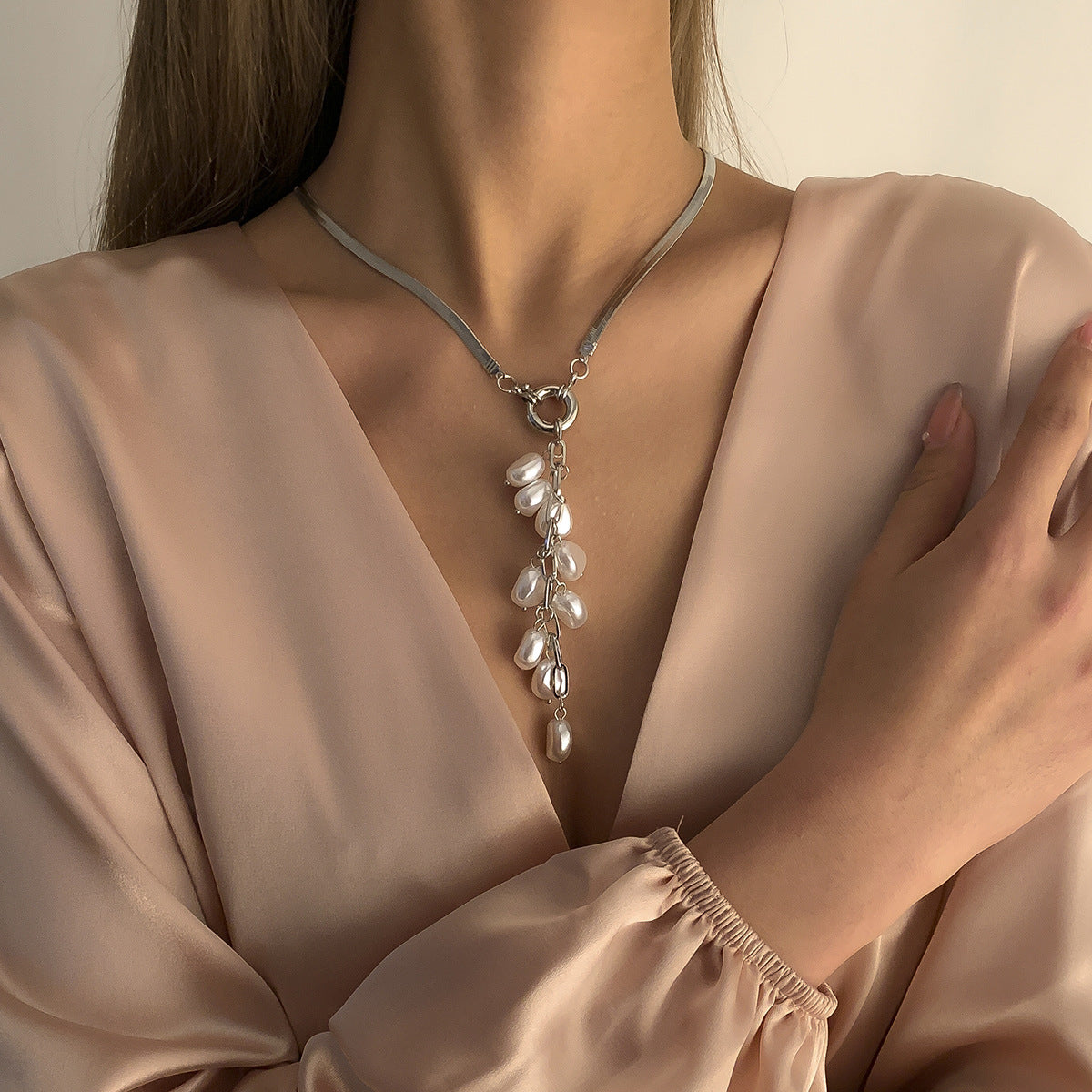 Imitation Pearl Fringe Necklace For Women By Planderful Vienna Verve Retro Geometric Y Shape Statement Jewelry