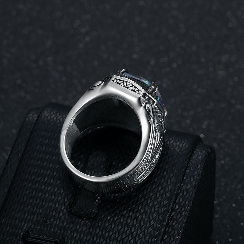 Planderful Titanium Steel Ring For Men Retro Punk Style With Colorful Inlaid Synthetic Gemstones