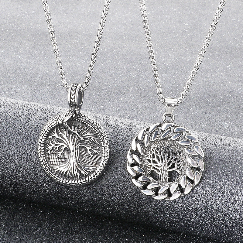 Nordic Viking Mythology Ouroboros Tree Of Life Pendant, Retro Round Stainless Steel Men's Necklace