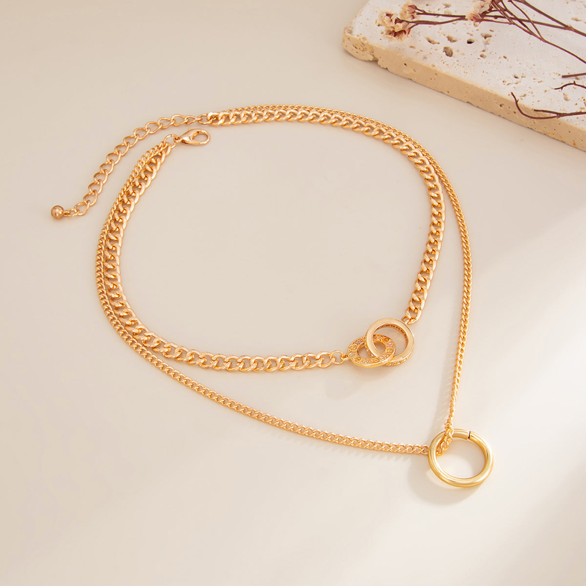 Bar & Double-Ring Layered Fringe Necklace