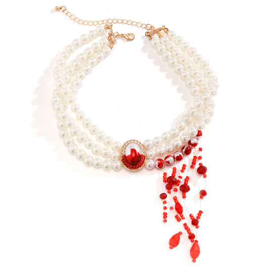 Gothic Blood Drop Necklace with Pearl Tassels - Vienna Verve Collection