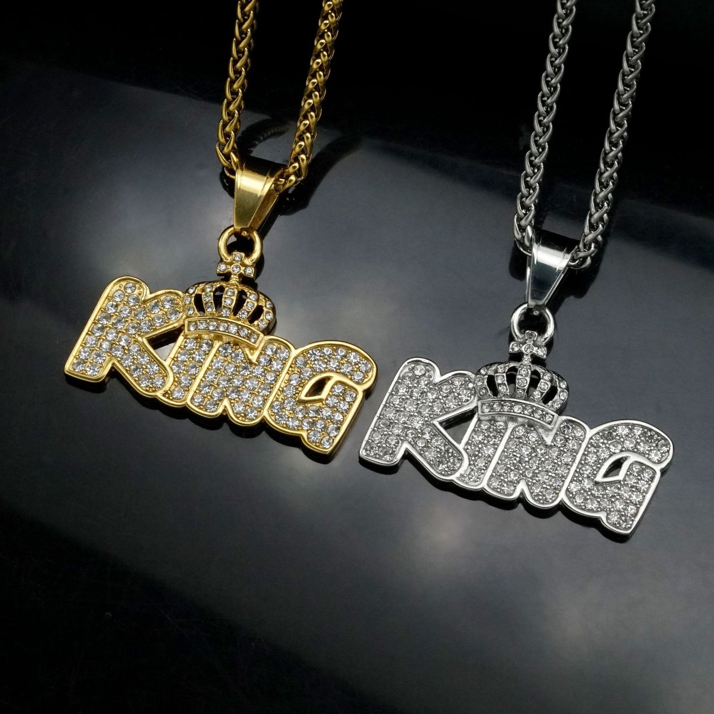 Planderful King Crown Pendant Necklace Titanium Steel Gold Plated Zircon Unisex Hip Hop Jewelry