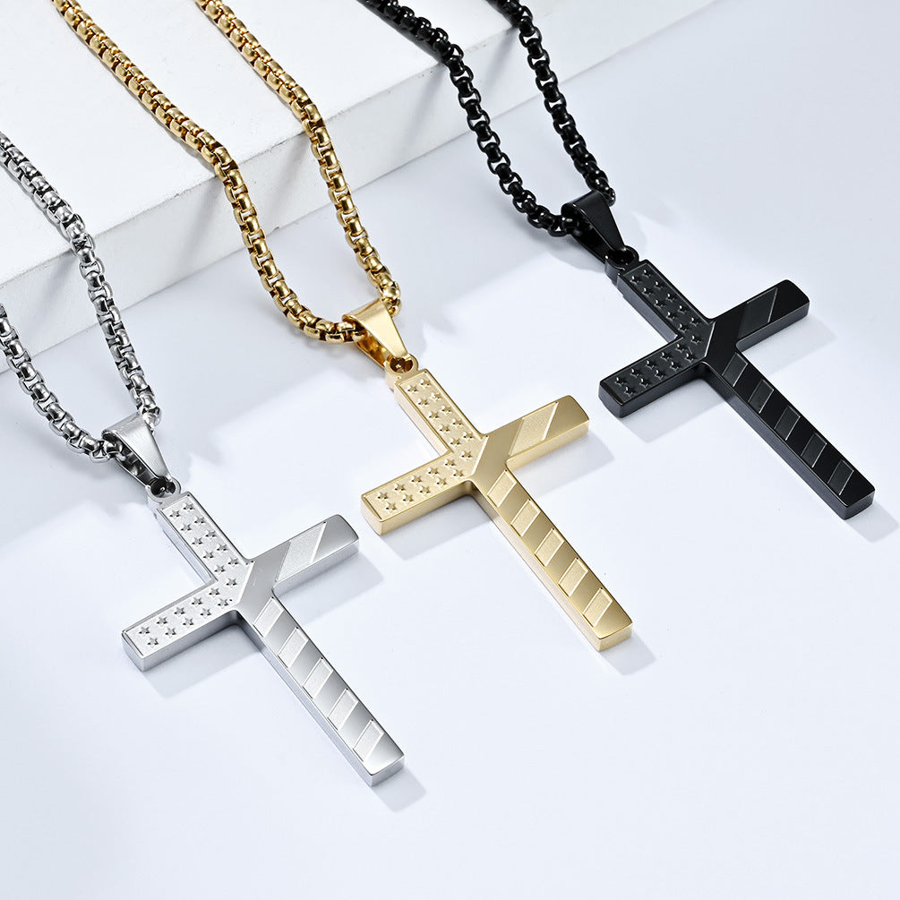 Planderful American Flag Cross Necklace Titanium Steel Unisex Hip Hop Style Premium Daily Wear