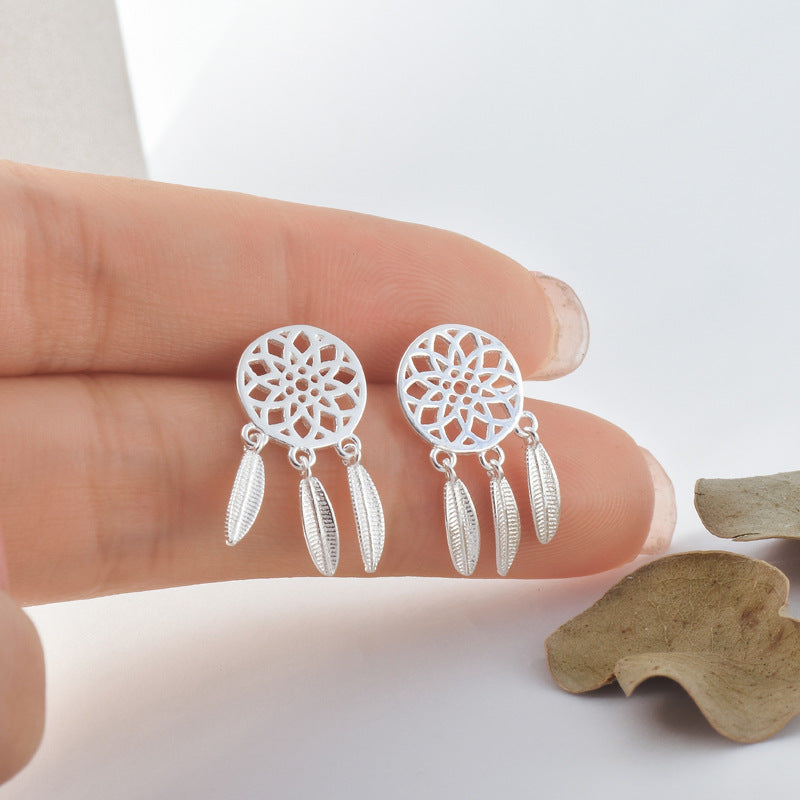 Feather Grid Dream Catcher Polished Sterling Silver Drop Earrings