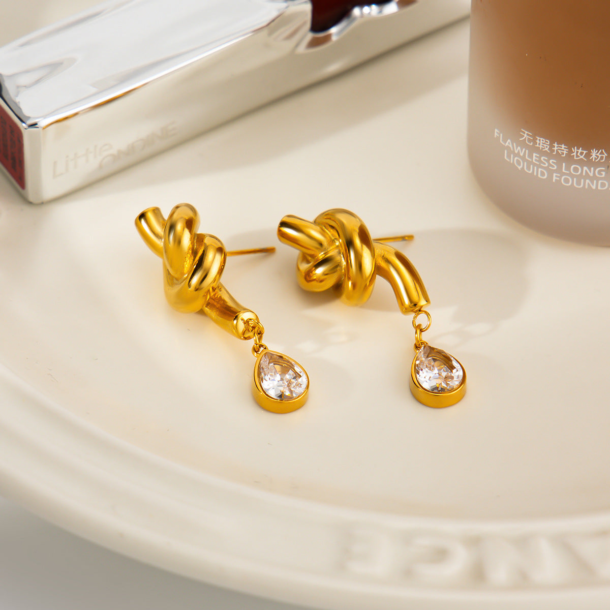 Planderful Vienna Verve Twisted Knotted Stainless Steel Stud Earrings With Waterdrop Zircon Statement For Women