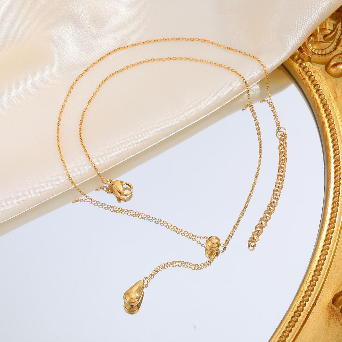 Stainless Steel Flat Cross Chain Water Drop Y-Shaped Gold Necklace