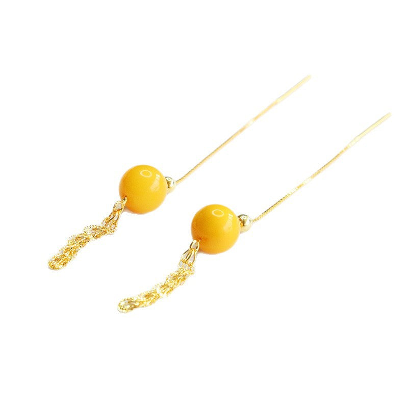 Yellow Beeswax Amber Wheat & Phoenix-Tail Threader Earrings