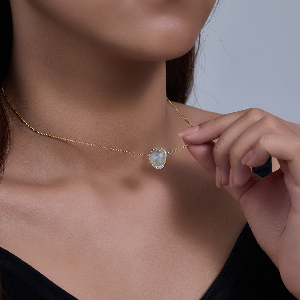 Oval Egg-Shaped Natural Sea Treasure Sapphire Pendant Sterling Silver Necklace High-End Clavicle Chain