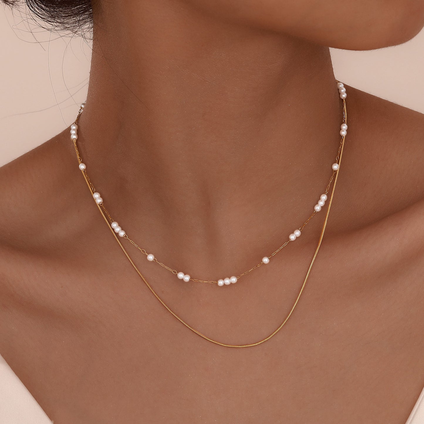 Stylish & Stainless Steel Round Snake Chain Imitation Pearl Double-Layer Necklace