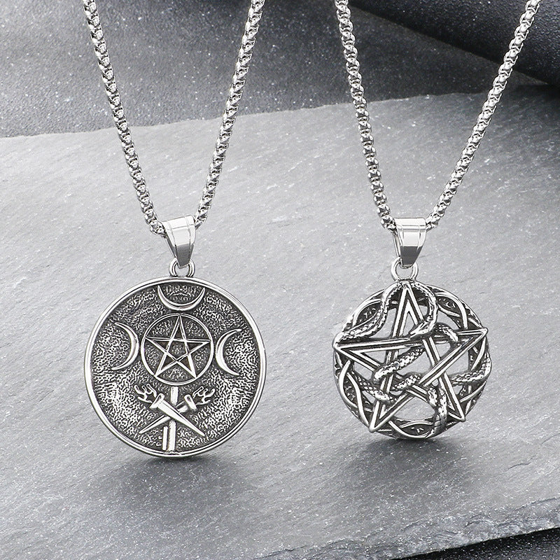 Retro Pentagram Triple Moon Necklace, Gothic Wind Snake Wrapped Pentagram Men's Titanium Steel