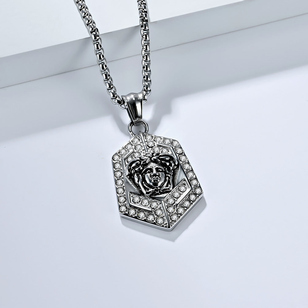 Planderful Medusa Pendant Necklace For Men Titanium Steel With Full Zircon Geometric Light Luxury
