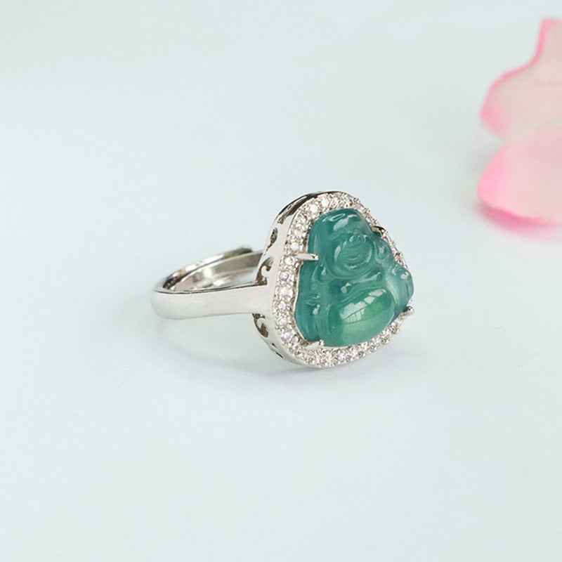 Blue-Water Jadeite Buddha Zircon Ring