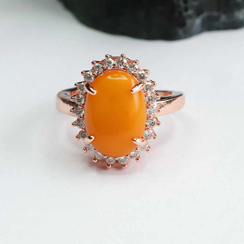 Halo Zircon Ring with Oval Amber and Sterling Silver