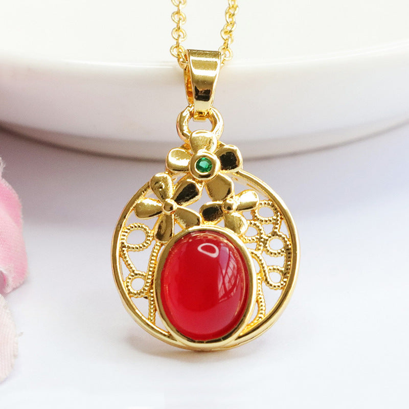 Oval Natural Red Agate Chalcedony Flower Hollow Round Golden Pendant