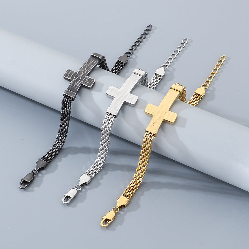 Hammer Texture Cross Stainless Steel Men's Bracelet Hand Adjustable