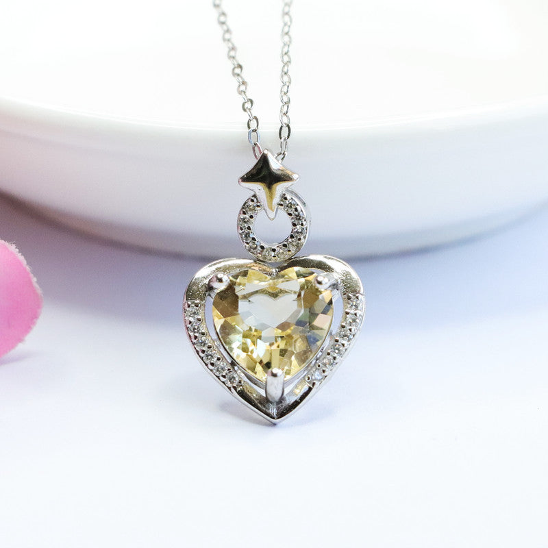Citrine Heart & Star Silver Pendant — No Chain