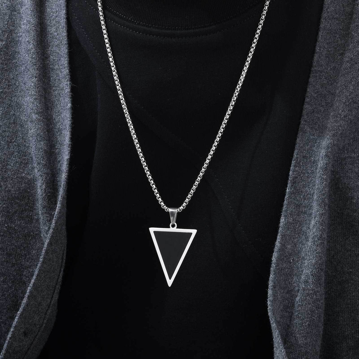 Stainless Steel Triangle Natural Tiger's Eye Stone Black Agate Pendant Necklace Men's